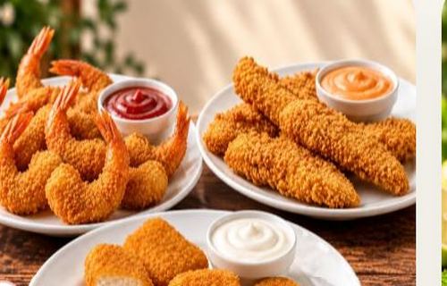 Fried shrimp and chicken nuggets with dips